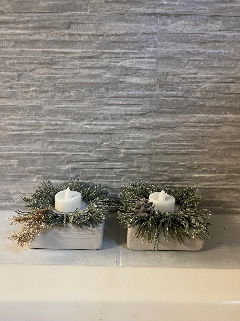 Wooden Square Candle Holder with Frosted Green Pine Wreath